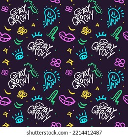 Seamless Pattern Stay Groovy retro 
 Wallpaper Background with smile face. 90s style. Print for graphic tee, bomber. Vector positive illustration