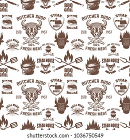 Seamless pattern with steak house symbols. Grill, bbq, fresh meat. Design element for poster, menu, flyer, banner, menu, package. Vector illustration