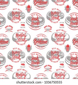 Seamless pattern with steak house symbols. Grill, bbq, fresh meat. Design element for poster, menu, flyer, banner, menu, package. Vector illustration