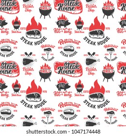 Seamless pattern with steak house symbols. Grill, bbq, fresh meat. Design element for poster, menu, flyer, banner, menu, package. Vector illustration