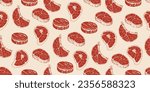 Seamless pattern with steaks. Raw red meat. Sketch style steak. Hand drawn T-Bone, Ribeye beef steak. Beef medallion. Vintage engraving. Butcher shop product. Background with steaks for menu