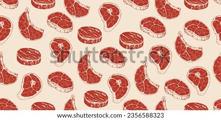 Seamless pattern with steaks. Raw red meat. Sketch style steak. Hand drawn T-Bone, Ribeye beef steak. Beef medallion. Vintage engraving. Butcher shop product. Background with steaks for menu Stock foto © 