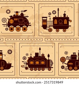 Padrão contínuo com máquinas de motores a vapor. Padrão de azulejos com estilo steampunk vapor movido silhuetas de carruagem. A textura sem fim pode ser usada para preenchimentos de padrão, fundo de página da Web, textura de tecido