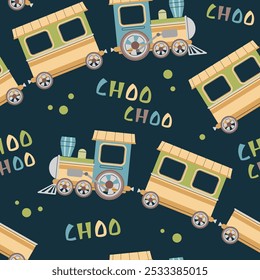 Seamless pattern with a steam locomotive in flat style. Childish background with toy train for fabric, wallpaper, scrapbooking, etc.