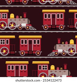 Seamless pattern with a steam locomotive in flat style. Childish background with toy train for fabric, wallpaper, scrapbooking, etc.