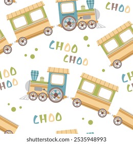 Seamless pattern with a steam locomotive in flat style. Childish background with toy train for fabric, wallpaper, scrapbooking, etc.