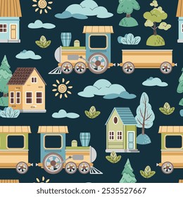 Seamless pattern with steam locomotive, houses and trees in flat style. Children's background with toy train for fabric, wallpaper, scrapbooking, etc.