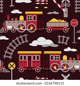 Seamless pattern with steam locomotive, rails and barrier in flat style. Children's background with toy train for fabric, wallpaper, scrapbooking, etc.