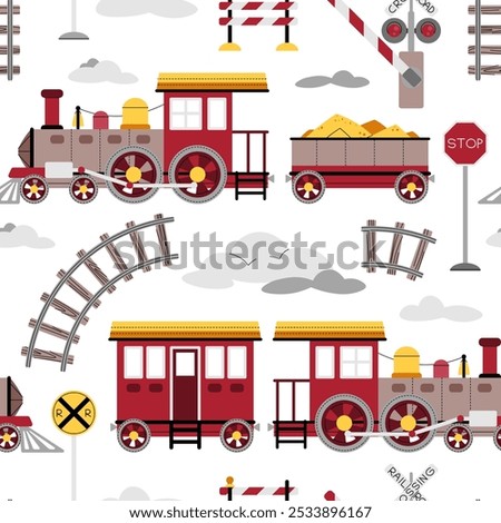 Seamless pattern with steam locomotive, rails and barrier in flat style. Children's background with toy train for fabric, wallpaper, scrapbooking, etc.