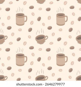 Seamless pattern with steaming coffee cups and scattered beans on a light background