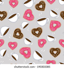 Seamless pattern of steaming hot cups of hot chocolate and heart-shaped chocolate and pink donuts symbolic of love scattered on a grey background, illustration in square format