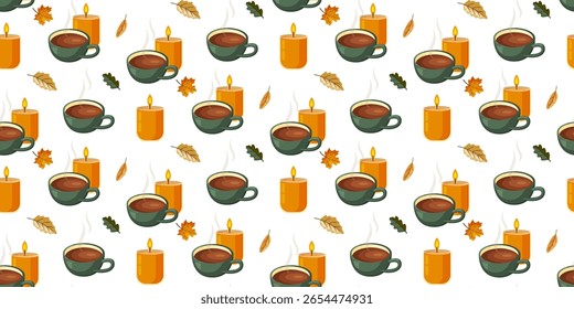 Patrón sin fisuras con tazas humeantes, velas y hojas de otoño. Esta cálida ilustración refleja el acogedor sentimiento de las tardes de otoño. Ideal para textiles, fondos digitales, decoración de temporada y diseños de