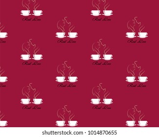 Seamless pattern with steaming silhouettes of ypong couple boy and girl in love over coffee cup on dark red background. Text Real Love. EPS 10 Vector illustration