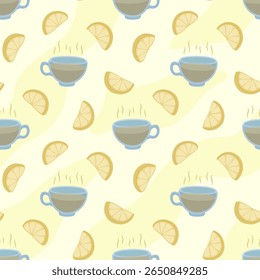 Seamless pattern of steaming tea cups with lemon slices on a soft yellow background