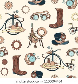 Seamless pattern with steampunk attributes and apparel hand drawn on light background. Backdrop with steam powered machines. Colorful realistic vector illustration for wallpaper, wrapping paper