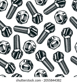 Seamless pattern of steel bolts and nuts in vintage style on white background vector illustration