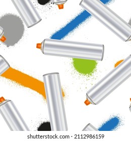 Seamless pattern of steel spray cans and color spray paint on a white background. Vector illustration