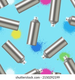 Seamless pattern of steel spray cans on a bright background with spray paint. Vector illustration