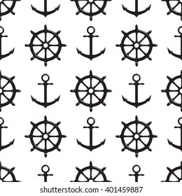 Seamless pattern with steering wheel  and anchor on white background. Vector Illustration