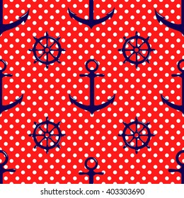 Seamless pattern with steering wheel and anchor on red dotted background. Vector Illustration