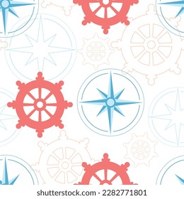 seamless pattern with steering wheel and compass wind rose, background with marine elements, cute texture for kids wallpaper, textiles, wrapping paper, apparel, cartoon vector flat illustration