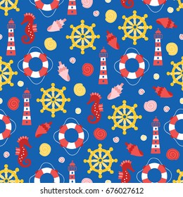 Seamless pattern with steering wheel, lighthouse, shell, lifebuoy and seahorse on blue background