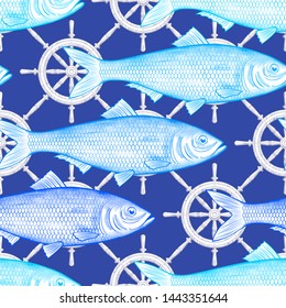 Seamless pattern with steering wheel. Navigation symbol. Vintage engraving stylized drawing.  Great for wallpapers, fabrics, textiles. Vector illustration.