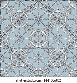 Seamless pattern with steering wheel. Navigation symbol. Vintage engraving stylized drawing.  Great for wallpapers, fabrics, textiles. Vector illustration.