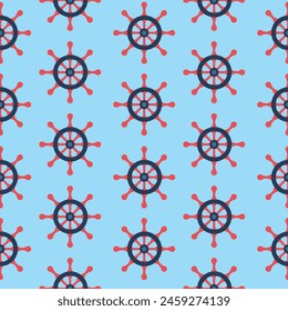 Seamless pattern with a steering wheel on a blue background. Vector illustration on a marine theme for print, textile, wrapping paper, wallpaper