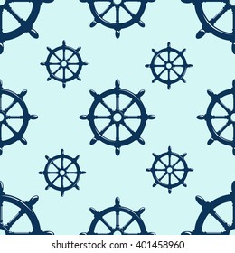 Seamless pattern with steering wheel on blue background. Vector Illustration