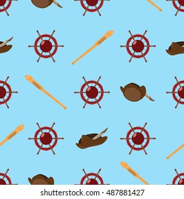Seamless pattern with a steering wheel, spyglass and Columbus hat.