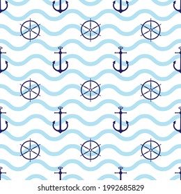 Seamless pattern with steering wheels and anchors. Marine pattern for fabric, clothes, textile, wrapping paper. Vector illustration on white background with blue waves