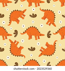 Seamless pattern Stegosaurus dinosaur. Large herbivore, extinct ancient lizard with thorns on back, Jurassic period. Flower and bushes. Colorful vector illustration hand drawn wrapping