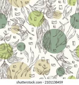 Patrón sin foco con stemona tuberosa: planta de stemona, hojas, flores y raíz de stemona tuberosa. Cosmética, perfumería y planta médica. Ilustración dibujada a mano por vectores.