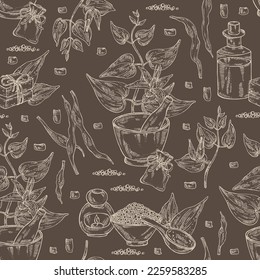 Seamless pattern with stemona tuberosa: stemona plant, leaves, flowers and stemona tuberosa root. Oil, soap and bath salt . Cosmetics and medical plant. Vector hand drawn illustration