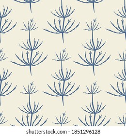 Seamless pattern with stems of horsetail. Dark blue stems on a light background.