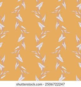 Seamless pattern with stems and leaves of convolvulus. Template with morning-glory plant for fashion prints. Yellow background. Vector illustration