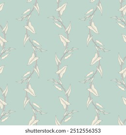 Seamless pattern with stems and leaves of convolvulus. Template with morning-glory plant for fashion prints. Light turquoise background. Vector illustration