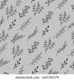 Nahtlose Muster von Stielen und Blättern. Linie Art. Stockillustration. Design für Textilien, Verpackungen, Stoffe.