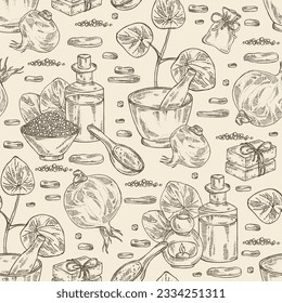 Seamless pattern with stephania glabra: stephanie smooth plant, stephanie smooth tuber, bath salt, soap and beauty products. Cosmetic, perfumery and medical plant. Vector hand drawn illust