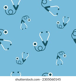 Seamless pattern with a stethoscope on a blue background. flat vector illustration