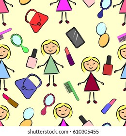 seamless pattern stick figure girl with powder, lipstick, comb, phone, mirror and purse