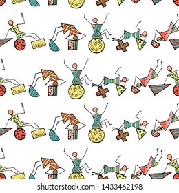 Seamless pattern of stick figures. Includes small geometric elements. People lifestyle. Cartoon icons set. Hand drawn vector illustration isolated on white background