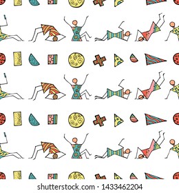 Seamless pattern of stick figures. Includes small geometric elements. People lifestyle. Cartoon icons set. Hand drawn vector illustration isolated on white background