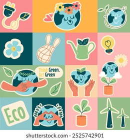 Seamless pattern sticker kawaii characters planet earth eco friendly
