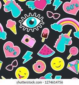 Seamless pattern with stickers 80's in the style of comics. Vector illustration on a black background