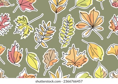 Seamless pattern of stickers with autumn leaves. Leaves of different trees, maple, oak, chestnut, acacia, ash on an olive background. Pastel autumn colors with a black outline. Vector illustration.