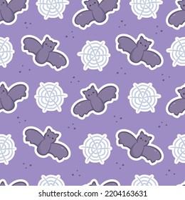 Seamless pattern with stickers bat and web. Cute kawaii halloween print for design, background, wrapping paper and web design. Vector illustration