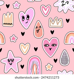 Seamless pattern of stickers clouds, rainbow, stars, words and happy hearts. Cute abstract print background for fabric, wrapping, textile, wallpaper, apparel. Vector illustration for little kids girl