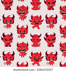 Seamless pattern with Stickers emoji emoticon emotion happy characters sweet hellish entity cute horned devil, evil spirit, devilry, impure force